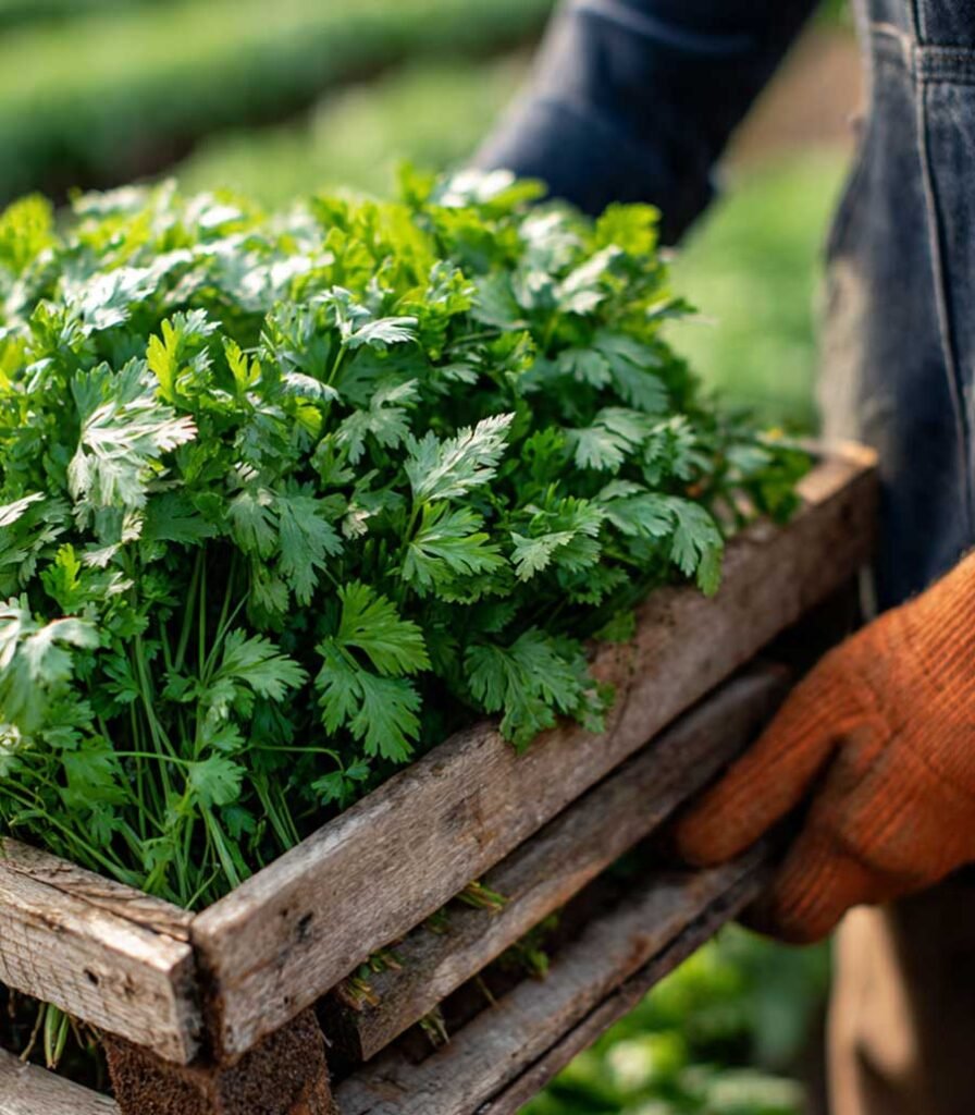 Person-Holding-Coriander-Pallet